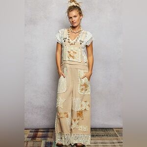 POL “ Heirloom Thread “ Cotton Overalls With Patchwork & Lace | Natural
